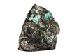 Macro emerald stone mineral in rock on white background