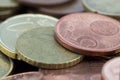 Macro of euro cents coins. Coins of fifty euro cents, twenty euro cents Royalty Free Stock Photo