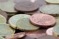 Macro of euro cents coins. Coins of fifty euro cents, twenty euro cents and five euro cents. Savings Royalty Free Stock Photo