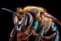 A macro extreme closeup of fluffy bumblebee. AI generative image