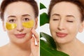Macro female face before after beauty treatment. Before-after bags under eyes. Middle aged woman. Beauty portrait of middle age