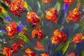 Macro flowers Red yellow poppies in green grass. Fragment of close-up painting. Canvas, oil, palette knife. Abstract flowers. Text Royalty Free Stock Photo