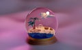 Macro focus of desert island beach design with treasure chest and ship wreck in crystal ball Royalty Free Stock Photo