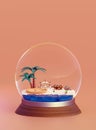 Macro focus of desert island beach design with treasure chest and ship wreck in crystal ball Royalty Free Stock Photo