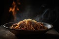 Italian dish of spaghetti Bolognese in cozy trattoria. AI generated