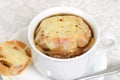 Macro french onion soup with cheese bread Royalty Free Stock Photo