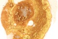 Macro Gold bubble drops. Abstract flow color blots horizontal background Royalty Free Stock Photo