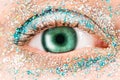 Macro green female eye with glitter eyeshadow, colorful sparks, crystals. Beauty background, fashion glamour makeup Royalty Free Stock Photo