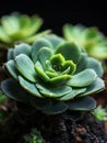 Macro green succulent plants close up in dark background