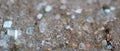macro ground level closeup view of rock salt ice-melt on concrete with a frozen layer.