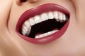 Macro Happy Female Smile with Healthy White Teeth. Bright Red Lips Make-up. Stomatology and Beauty Treatment, Whitening Royalty Free Stock Photo