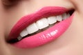 Macro happy woman`s smile with healthy white teeth, pink lips