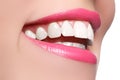 Macro happy woman`s smile with healthy white teeth, pink lips Royalty Free Stock Photo