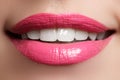 Macro happy woman`s smile with healthy white teeth, pink lips Royalty Free Stock Photo