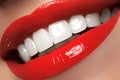 Macro happy woman`s smile with healthy white teeth, red lips Royalty Free Stock Photo