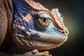 Macro of the head of a brown chameleon with a blue pattern, made with generative ai