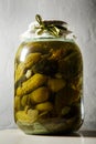 macro homemade canned cucumbers in glass jar