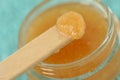 Macro of homemade lip scrub made out of brown sugar, honey and o