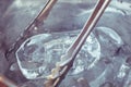 Macro ice in metal bucket in the restaurant Royalty Free Stock Photo