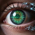 Human eye with glowing green binary code iris. Royalty Free Stock Photo