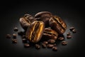 A macro illustration of a pile of fine selected roasted coffee beans on black background