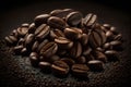 A macro illustration of a pile of fine selected roasted coffee beans on black background