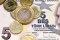 An assortment of Turkish coins on a five Turkish lira bank note