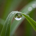 A macro image of a blade of grass with a large dew droplet at its tip. The droplet acts as a lens, Royalty Free Stock Photo