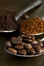 Macro Image of Coffee Beans, Instant Coffee and Grinded Coffee Royalty Free Stock Photo