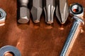 A macro image composed for Copy writing with 4 drill driver bits in star, phillips and square with the back of the 4th bit showing Royalty Free Stock Photo