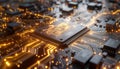 Macro Shot of Processor with Liquid Gold Circuits Flowing on Silicon Substrate Royalty Free Stock Photo