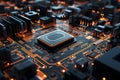 A macro image of an electronic circuit board, with a multitude of parts and a prominent central processing unit. Created with Royalty Free Stock Photo