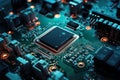 A macro image of an electronic circuit board, with a multitude of parts and a prominent central processing unit. Created with Royalty Free Stock Photo