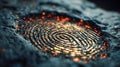 Macro image of a glowing fingerprint impression on a dark surface, symbolizing identity, technology, and security Royalty Free Stock Photo