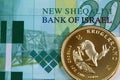 A twenty Israeli shekel note with a golden one ounce krugerrand