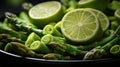 macro image of green asparagus, onion and lemon on a plate