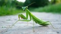 Macro image of green mantis on stone path, showcasing its unique features