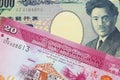 A Japanese thousand yen note paired with a pink and white twenty rupee bank note from Sri Lanka.