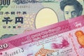 A Japanese thousand yen note paired with a pink and white twenty rupee bank note from Sri Lanka.