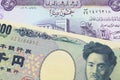 A Japanese thousand yen note paired with a purple fifty dinar bill from Iraq.