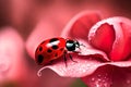 A macro image of a ladybug perched on a rose petal, its bright red shell in contrast with the soft pink Royalty Free Stock Photo