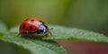 Macro image of one lady bug atop one leaf featuring colorful background.