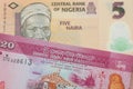 A orange, plastic five naira note from Nigeria paired with a pink and white twenty rupee bank note from Sri Lanka.