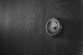 Macro image of a peephole on a wooden door, bw Royalty Free Stock Photo