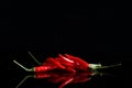 Macro Image of Red Hot Chilly Peppers on Black Background With Reflection Royalty Free Stock Photo