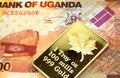A thousand shilling note from Uganda with a gold bar in macro