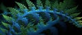 Macro intricate spiral of abstract fern leaves in turquoise, blue and green colors. Panoramic Generative AI illustration
