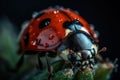 Macro of a ladybird perched on a vibrant flower in the center of a lush garden