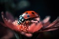 Macro of a ladybird perched on a vibrant flower in the center of a lush garden