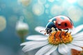 macro ladybug sits on a daisy flower with blurred bokeh background Royalty Free Stock Photo